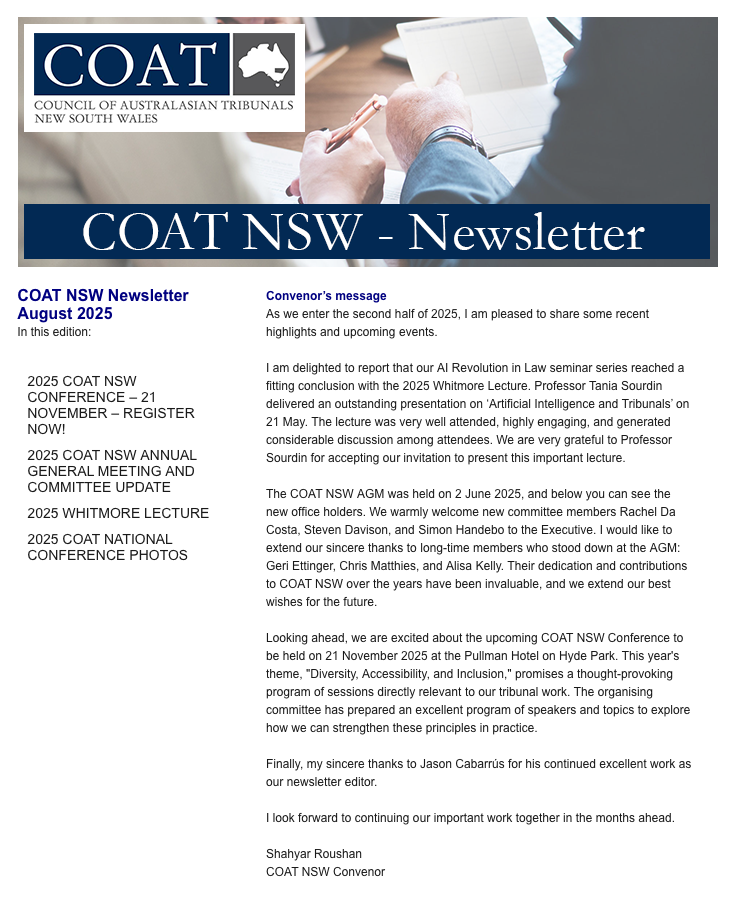 COAT NSW - Newsletter - August 2025